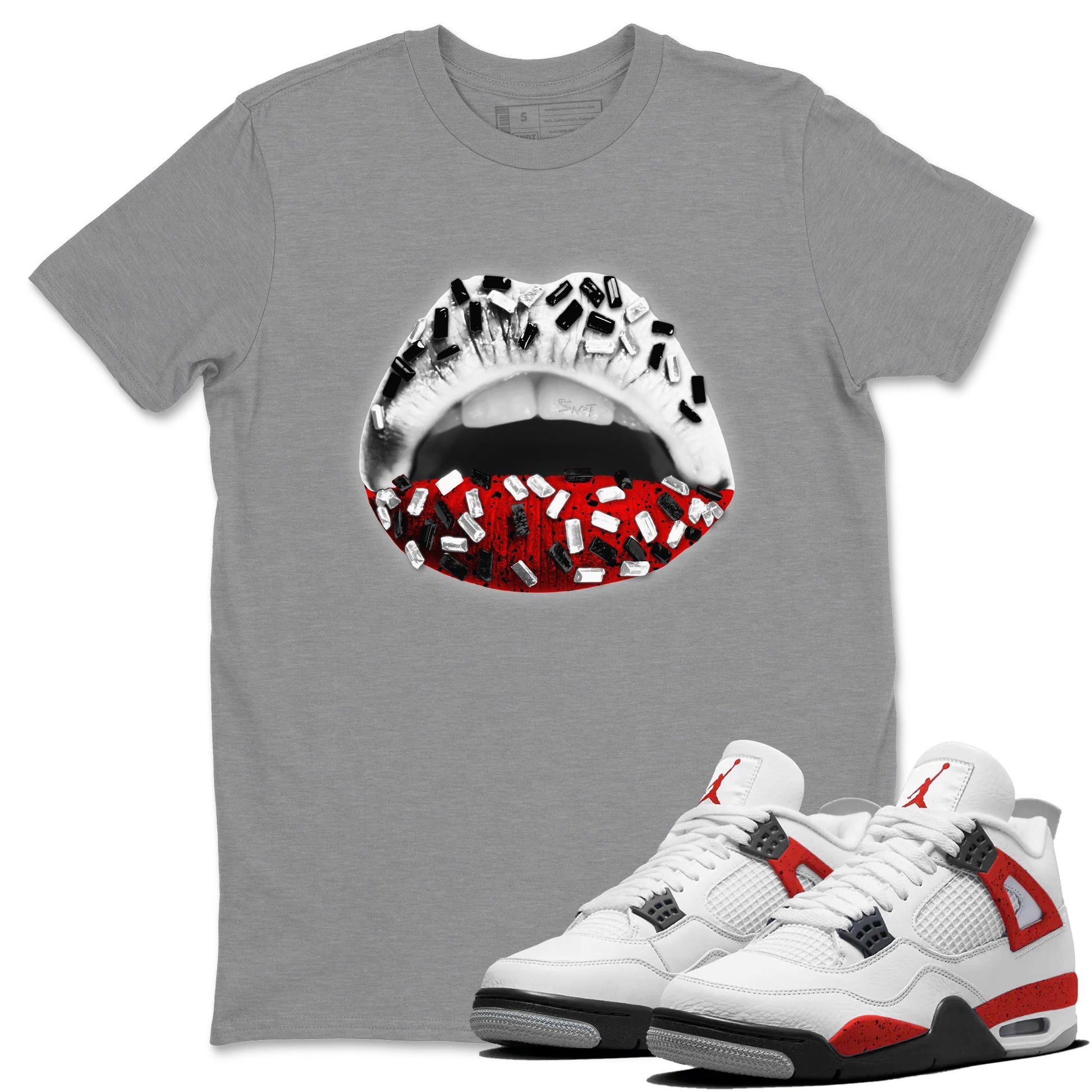Air Jordan 4 Red Cement Sneaker Match Tees Lips Jewel Sneaker Tees Air Jordan 4 Retro Red Cement SNRT Sneaker Release Tees Unisex Shirts Heather Grey 1