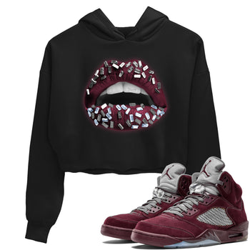Air Jordan 5 Burgundy Sneaker Match Tees Lips Jewel Sneaker Tees AJ5 Burgundy Sneaker Release Tees Women's Shirts Black 1