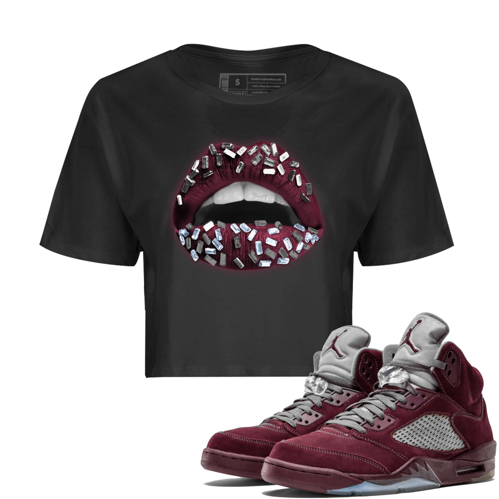Air Jordan 5 Burgundy Sneaker Match Tees Lips Jewel Sneaker Tees AJ5 Burgundy Sneaker Release Tees Women's Shirts Black 1