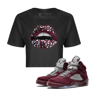Air Jordan 5 Burgundy Sneaker Match Tees Lips Jewel Sneaker Tees AJ5 Burgundy Sneaker Release Tees Women's Shirts Black 1