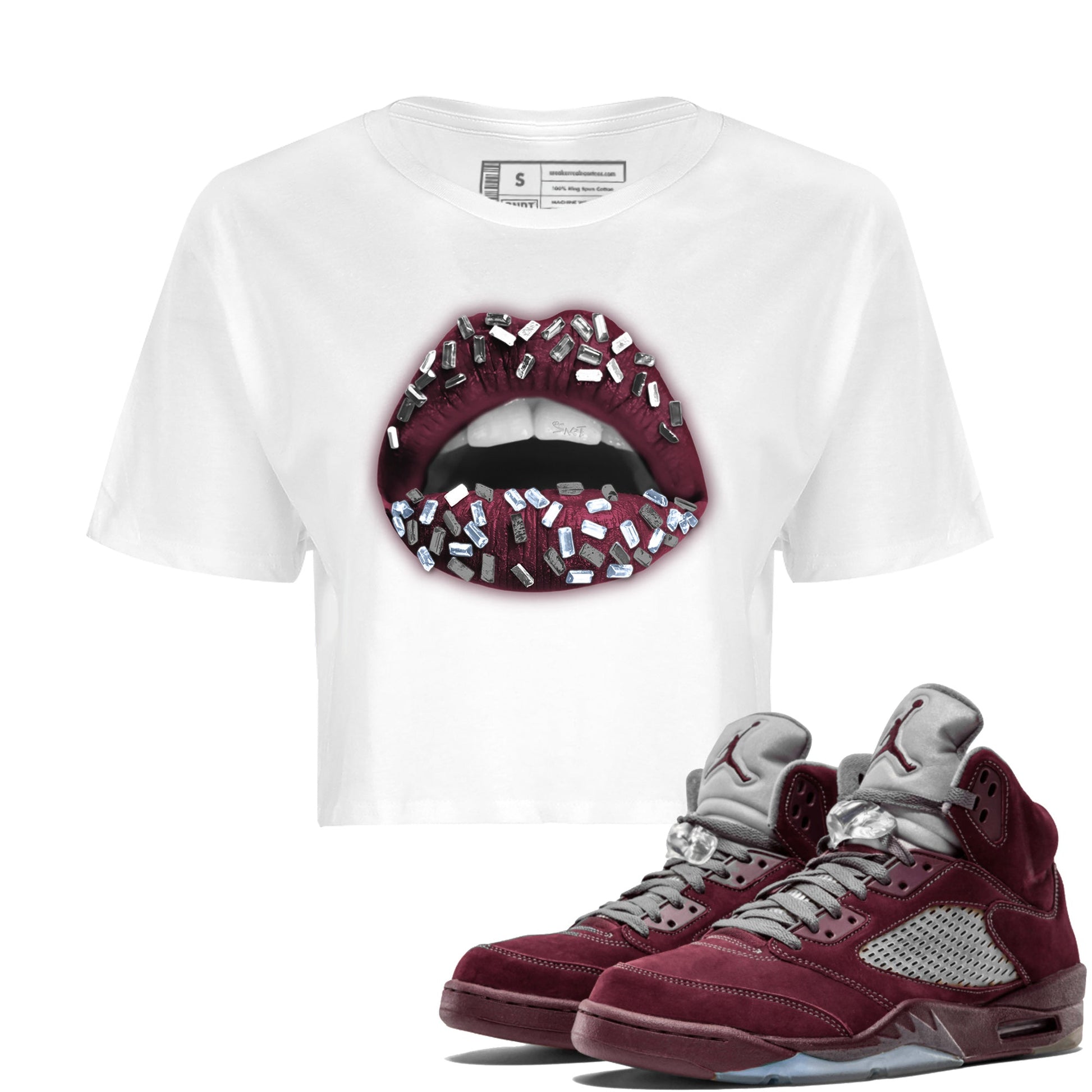 Air Jordan 5 Burgundy Sneaker Match Tees Lips Jewel Sneaker Tees AJ5 Burgundy Sneaker Release Tees Women's Shirts White 1