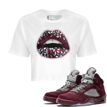 Air Jordan 5 Burgundy Sneaker Match Tees Lips Jewel Sneaker Tees AJ5 Burgundy Sneaker Release Tees Women's Shirts White 1