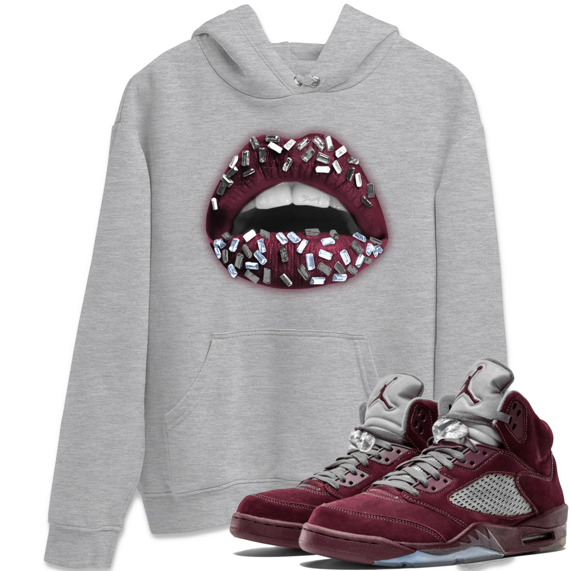 Air Jordan 5 Burgundy Sneaker Match Tees Lips Jewel Sneaker Tees AJ5 Burgundy Sneaker Release Tees Unisex Shirts Heather Grey 1