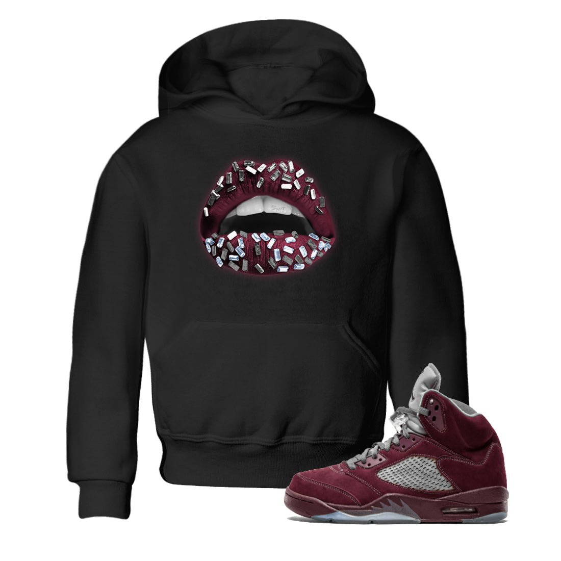 Air Jordan 5 Burgundy Sneaker Match Tees Lips Jewel Sneaker Tees AJ5 Burgundy Sneaker Release Tees Kids Shirts Black 1