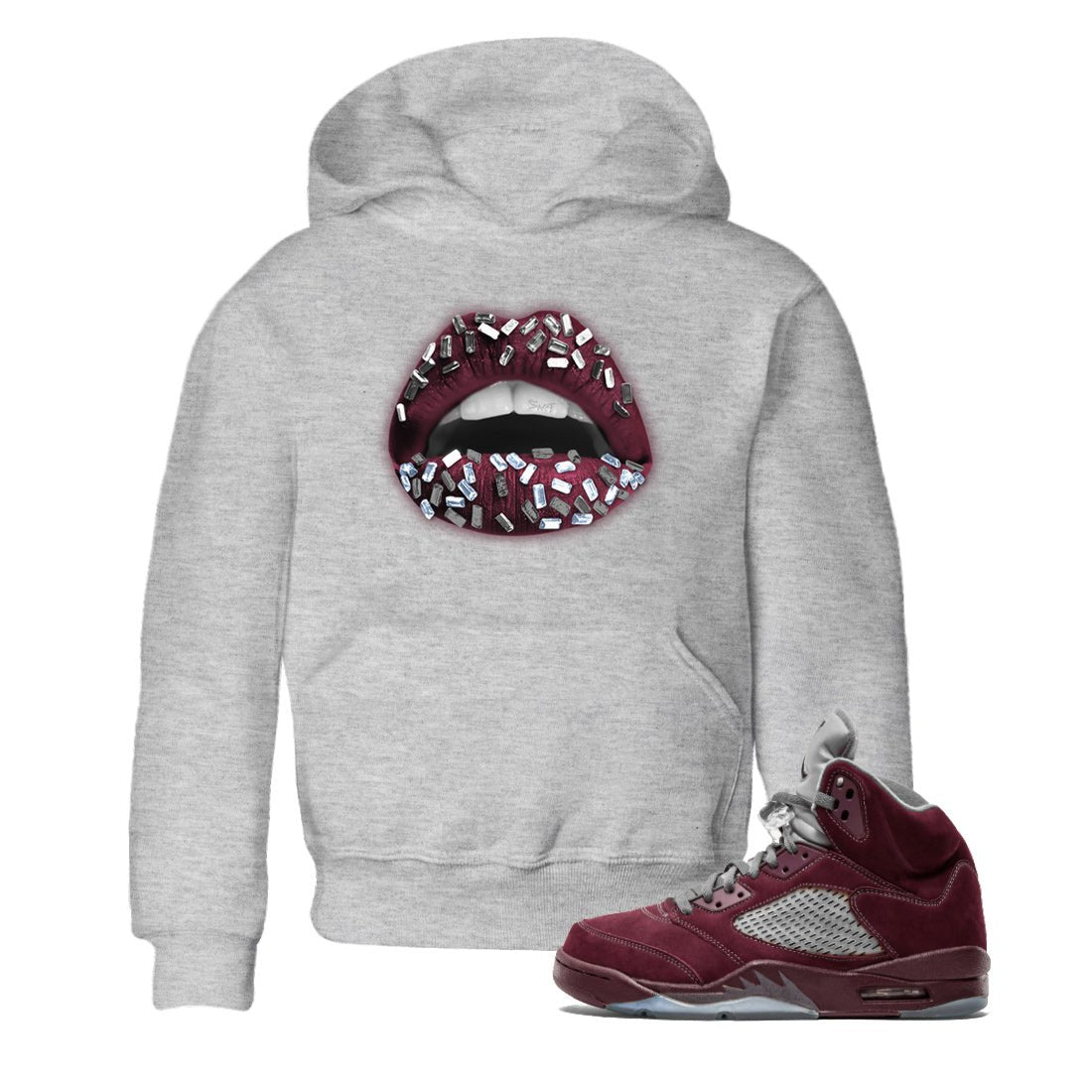 Air Jordan 5 Burgundy Sneaker Match Tees Lips Jewel Sneaker Tees AJ5 Burgundy Sneaker Release Tees Kids Shirts Heather Grey 1