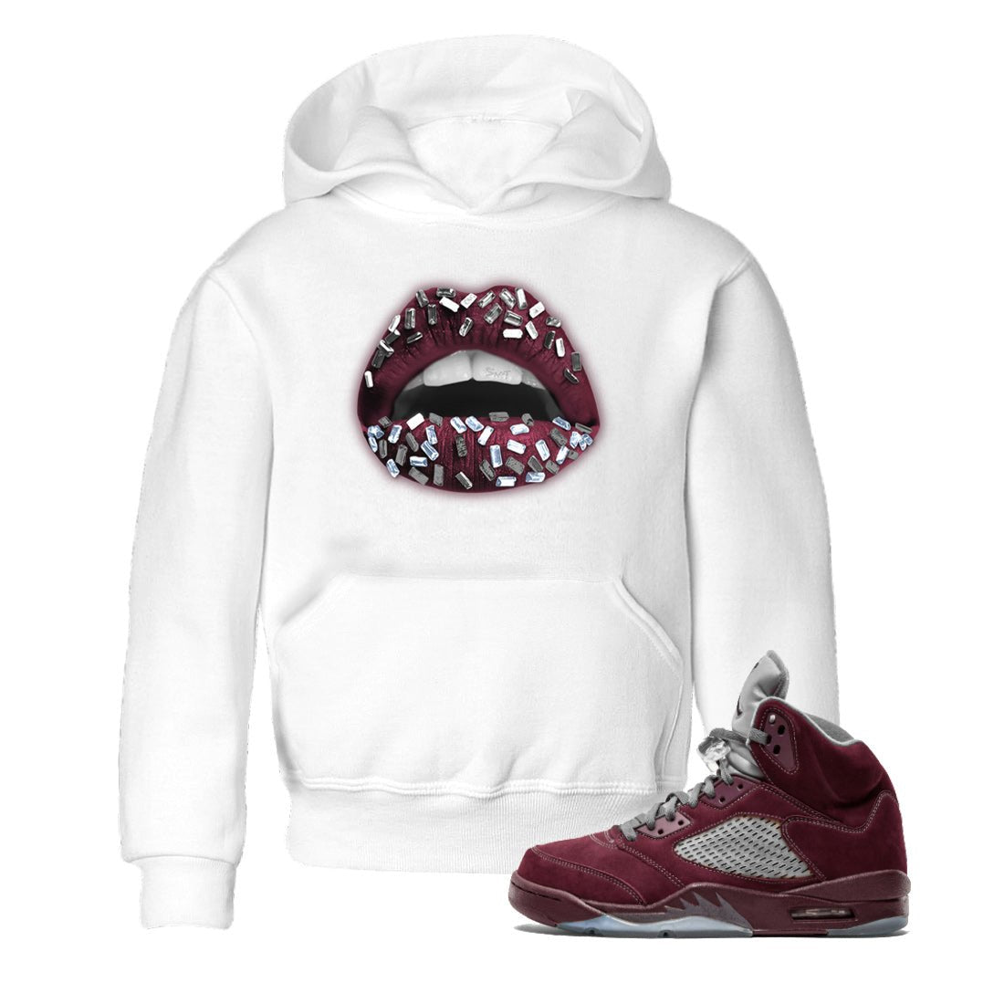 Air Jordan 5 Burgundy Sneaker Match Tees Lips Jewel Sneaker Tees AJ5 Burgundy Sneaker Release Tees Kids Shirts White 1