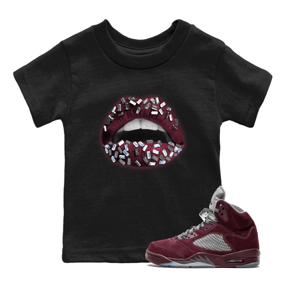 Air Jordan 5 Burgundy Sneaker Match Tees Lips Jewel Sneaker Tees AJ5 Burgundy Sneaker Release Tees Kids Shirts Black 1