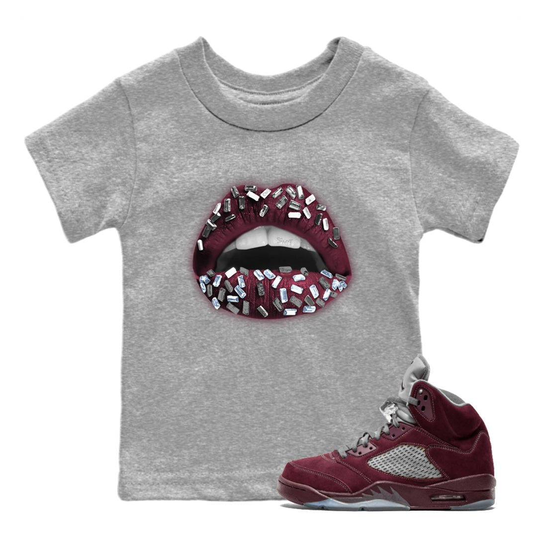 Air Jordan 5 Burgundy Sneaker Match Tees Lips Jewel Sneaker Tees AJ5 Burgundy Sneaker Release Tees Kids Shirts Heather Grey 1