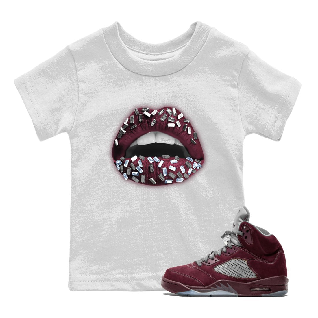 Air Jordan 5 Burgundy Sneaker Match Tees Lips Jewel Sneaker Tees AJ5 Burgundy Sneaker Release Tees Kids Shirts White 1