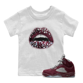 Air Jordan 5 Burgundy Sneaker Match Tees Lips Jewel Sneaker Tees AJ5 Burgundy Sneaker Release Tees Kids Shirts White 1