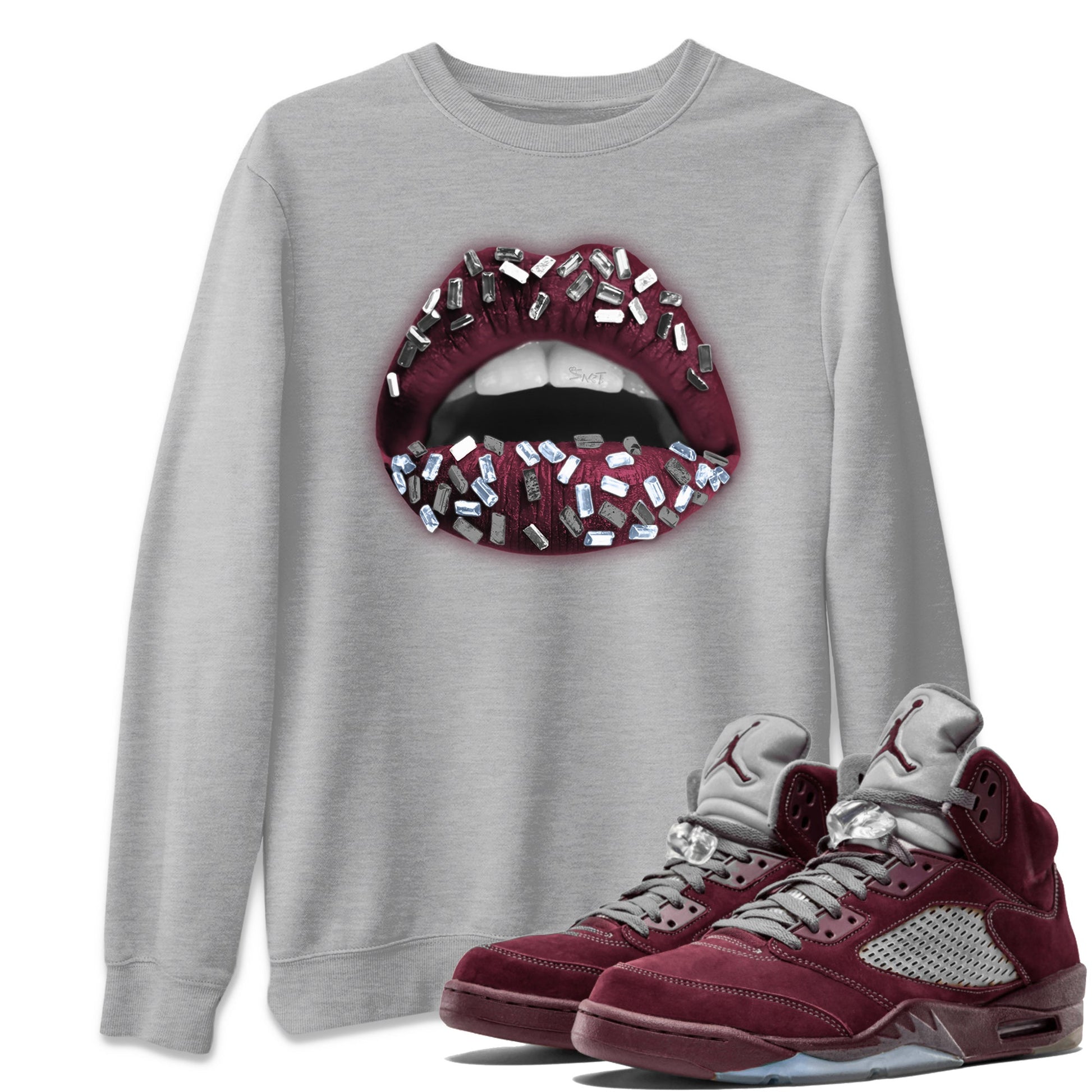 Air Jordan 5 Burgundy Sneaker Match Tees Lips Jewel Sneaker Tees AJ5 Burgundy Sneaker Release Tees Unisex Shirts Heather Grey 1