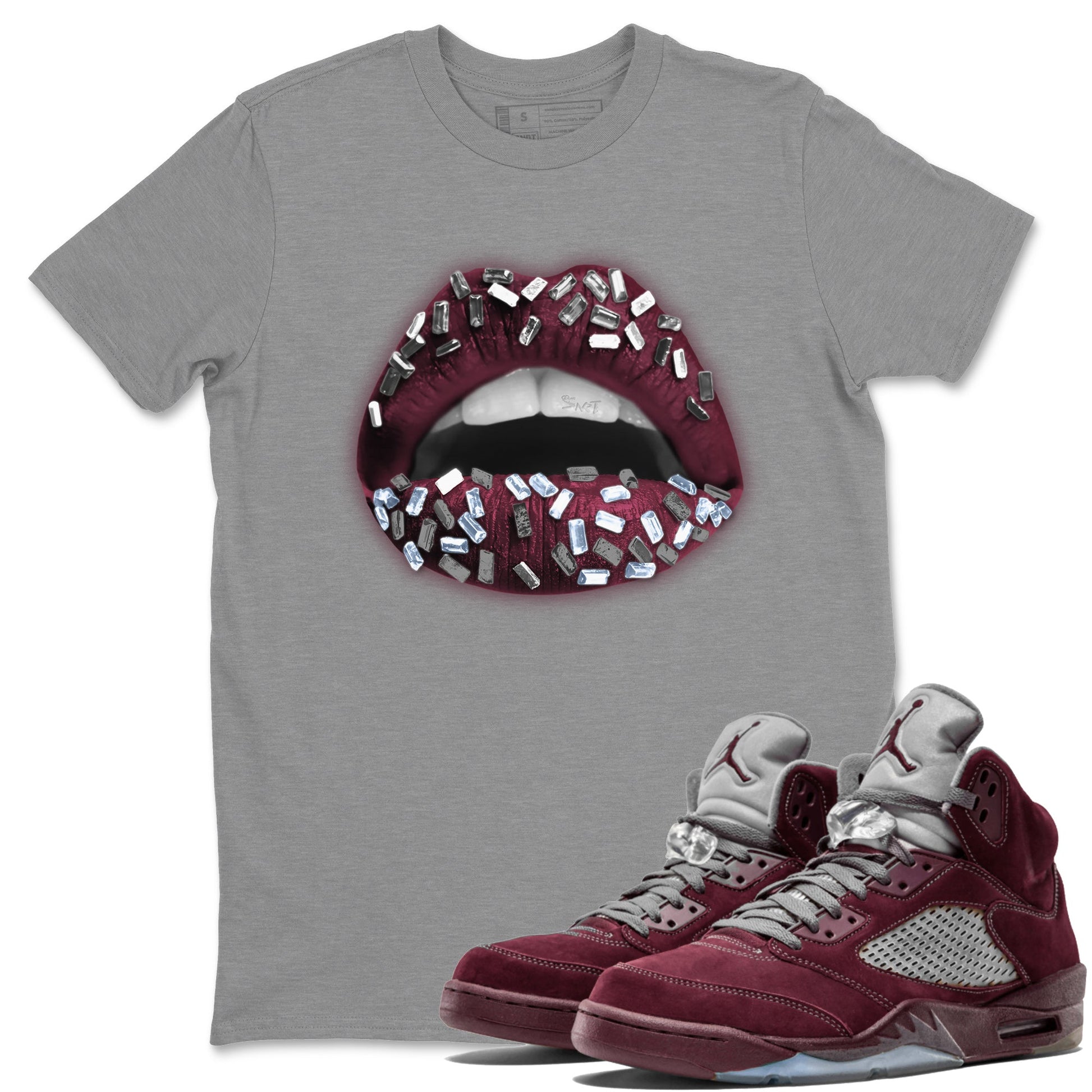 Air Jordan 5 Burgundy Sneaker Match Tees Lips Jewel Sneaker Tees AJ5 Burgundy Sneaker Release Tees Unisex Shirts Heather Grey 1