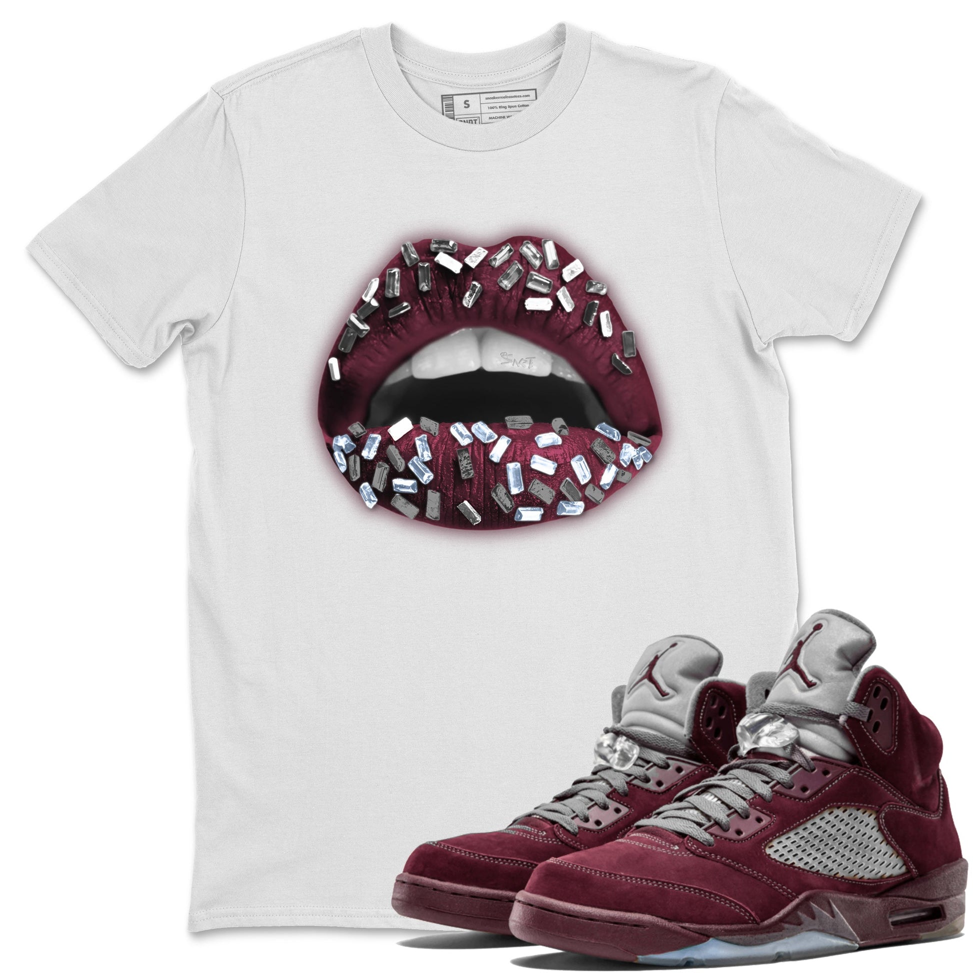 Air Jordan 5 Burgundy Sneaker Match Tees Lips Jewel Sneaker Tees AJ5 Burgundy Sneaker Release Tees Unisex Shirts White 1