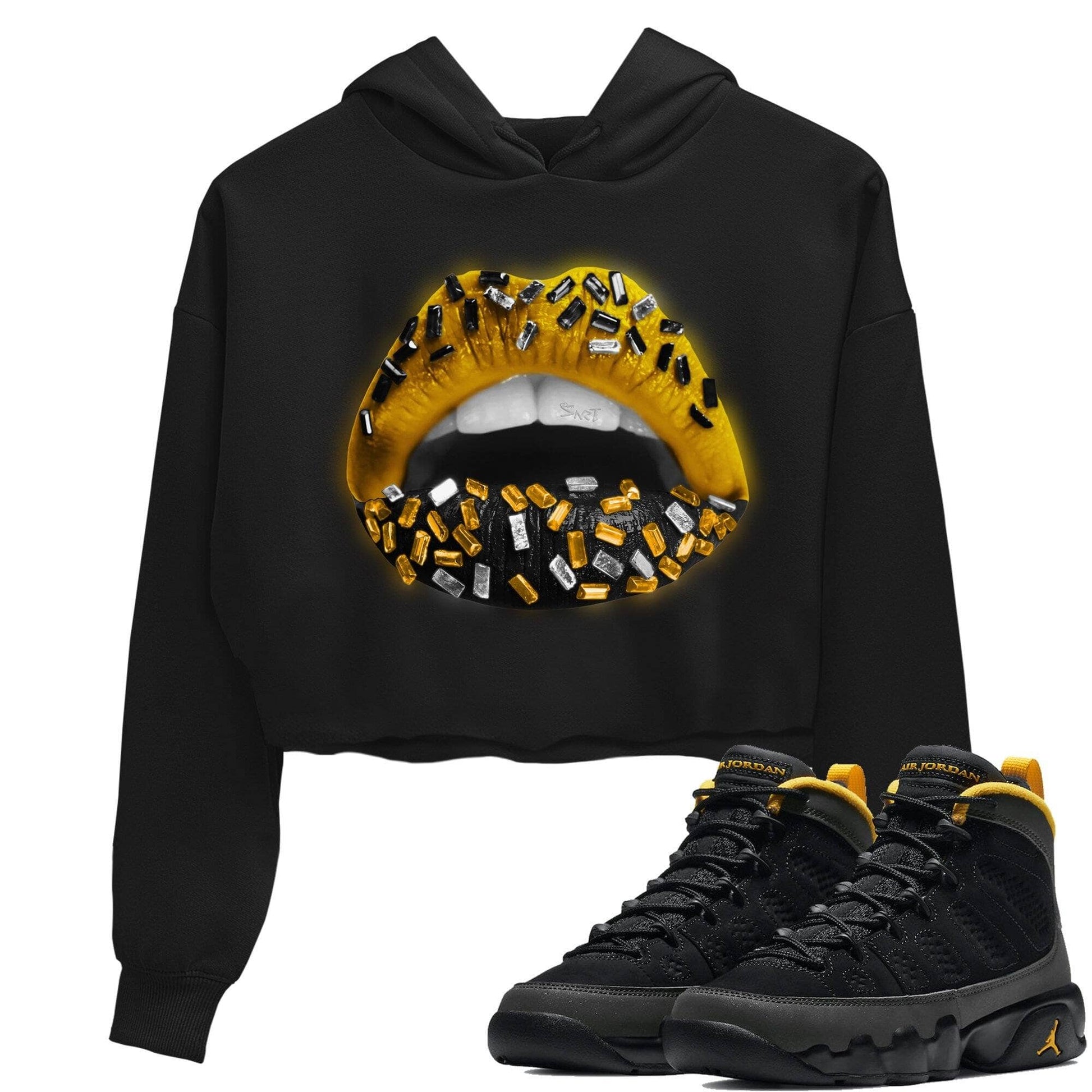 Jordan 9 University Gold Sneaker Match Tees Lips Jewel Sneaker Tees Jordan 9 University Gold Sneaker Release Tees Women's Shirts