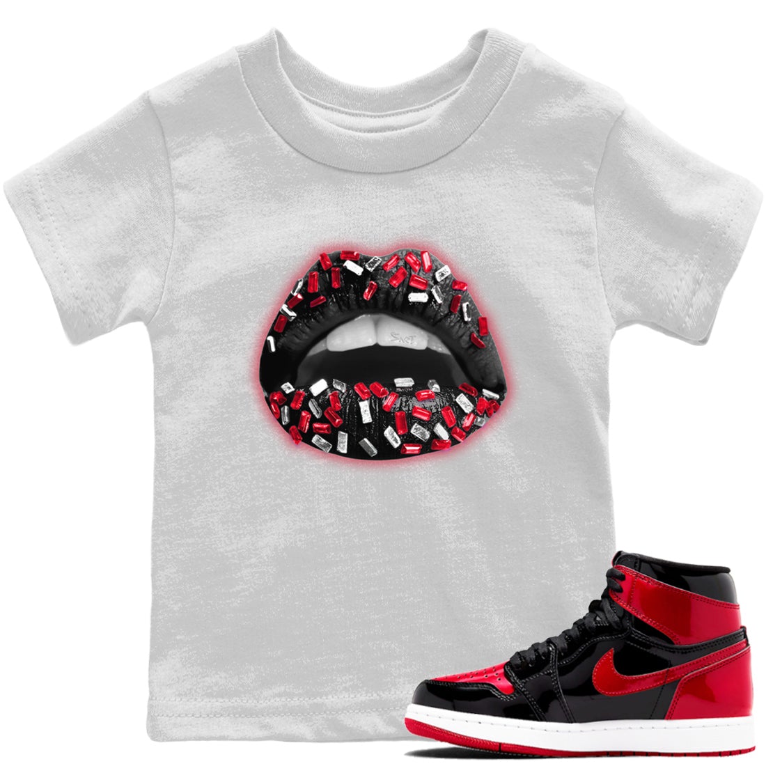 Jordan 1 Bred Patent Sneaker Match Tees Lips Jewel Sneaker Tees Jordan 1 Bred Patent Sneaker Release Tees Kids Shirts