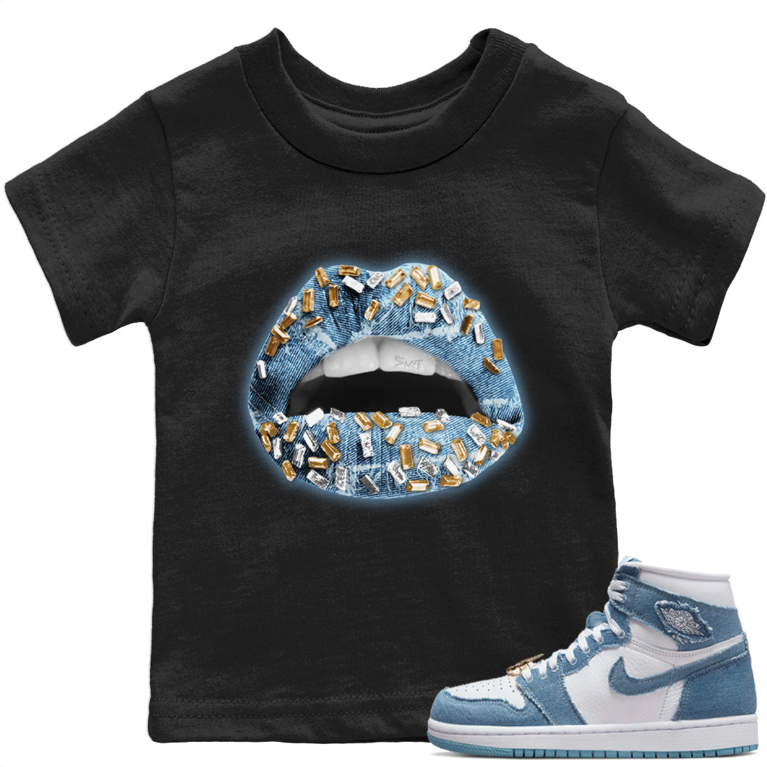 Jordan 1 Denim Sneaker Match Tees Lips Jewel Sneaker Tees Jordan 1 Denim Sneaker Release Tees Kids Shirts