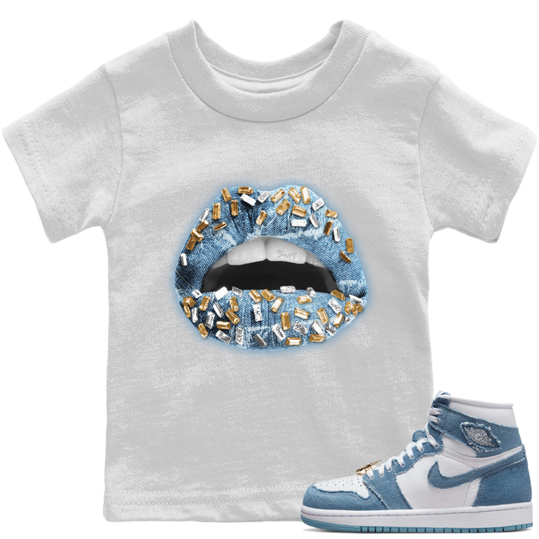 Jordan 1 Denim Sneaker Match Tees Lips Jewel Sneaker Tees Jordan 1 Denim Sneaker Release Tees Kids Shirts