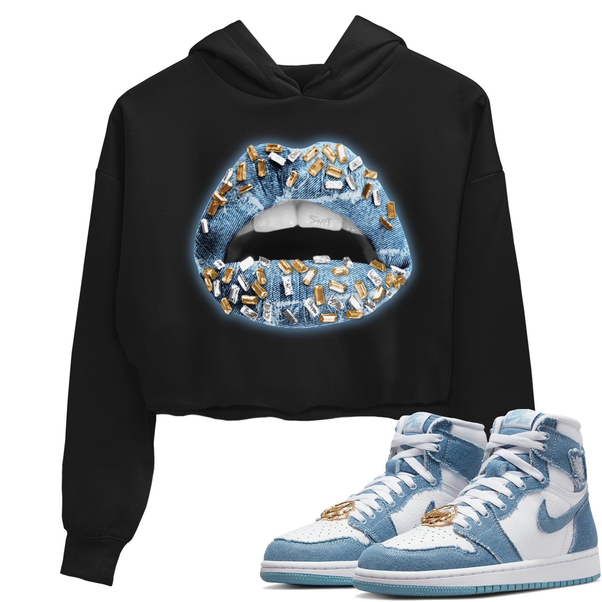 Jordan 1 Denim Sneaker Match Tees Lips Jewel Sneaker Tees Jordan 1 Denim Sneaker Release Tees Women's Shirts