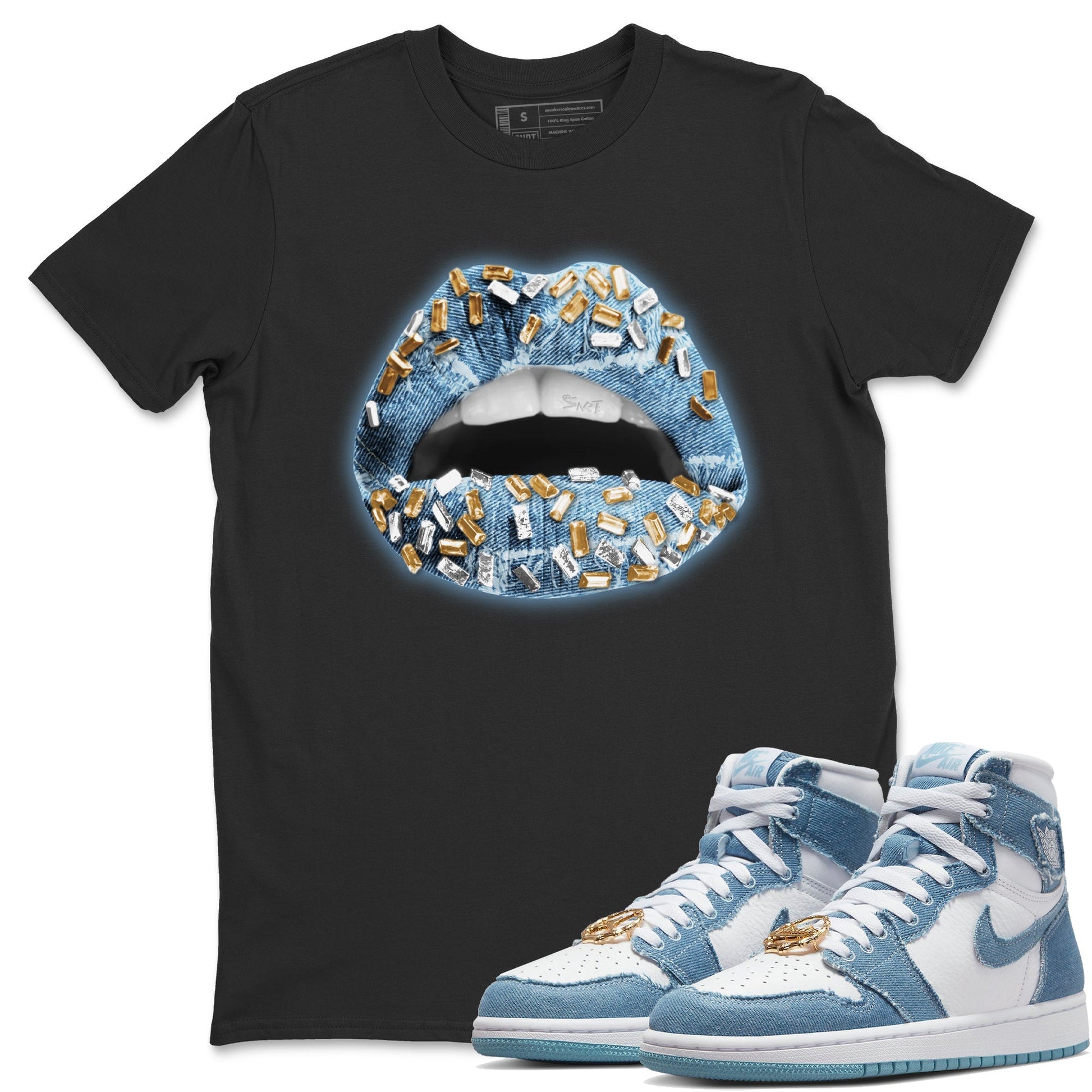 Jordan 1 Denim Sneaker Match Tees Lips Jewel Sneaker Tees Jordan 1 Denim Sneaker Release Tees Unisex Shirts