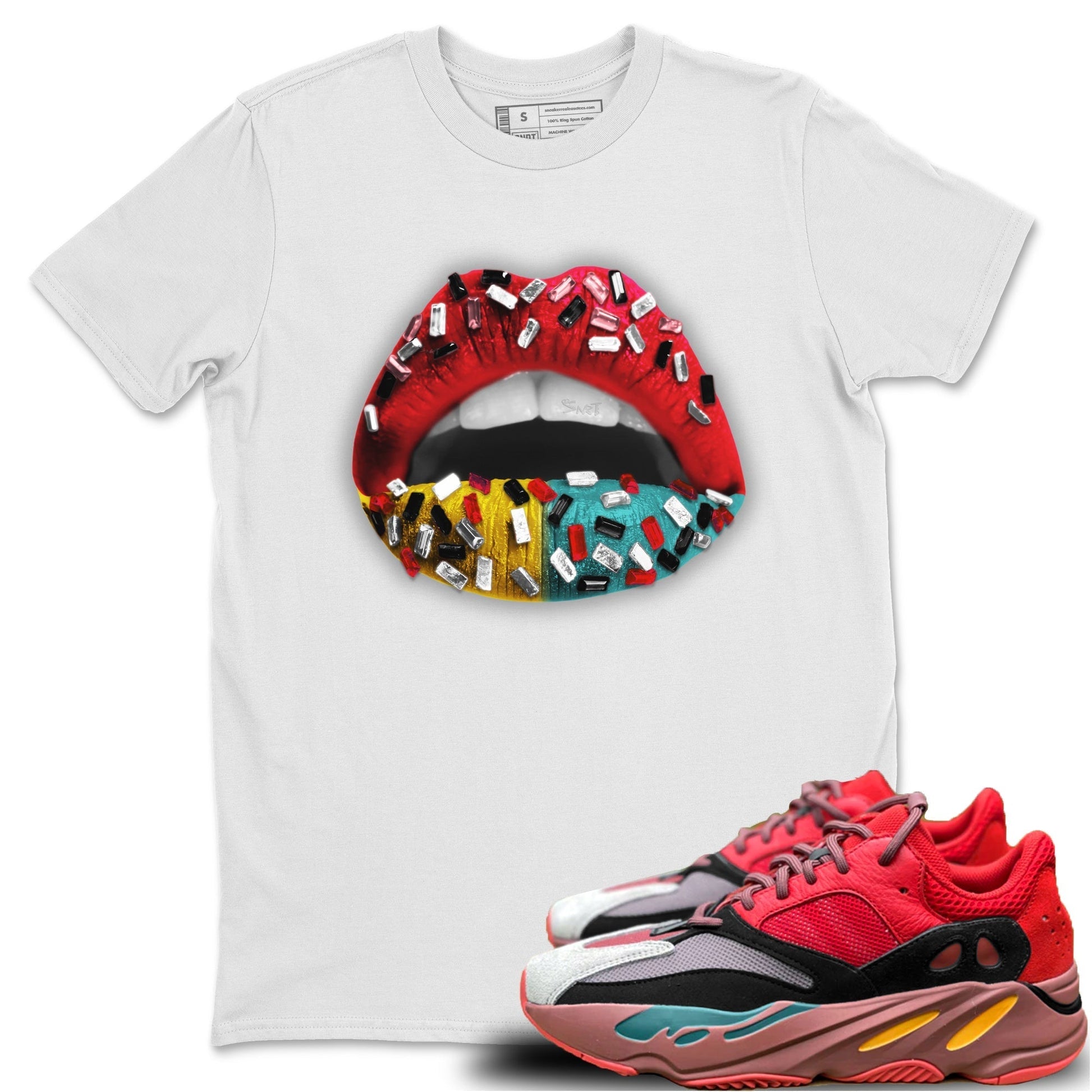 Yeezy 700 Hi-Res Red Sneaker Match Tees Lips Jewel Sneaker Tees Yeezy 700 Hi-Res Red Sneaker Release Tees Unisex Shirts