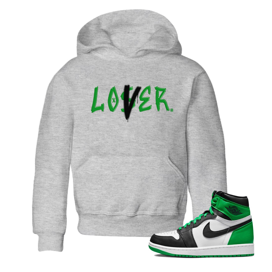 Air Jordan 1 Celtics Sneaker Match Tees Loser Lover Sneaker Tees Air Jordan 1 Lucky Green Celtics Tees Kids Shirts Heather Grey 1