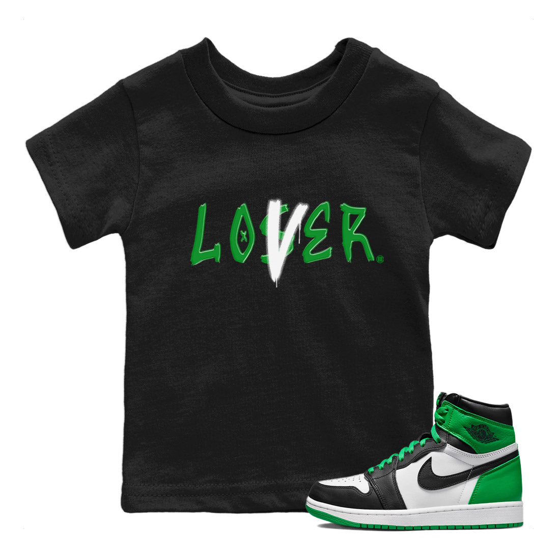 Air Jordan 1 Celtics Sneaker Match Tees Loser Lover Sneaker Tees Air Jordan 1 Lucky Green Celtics Tees Kids Shirts Black 1