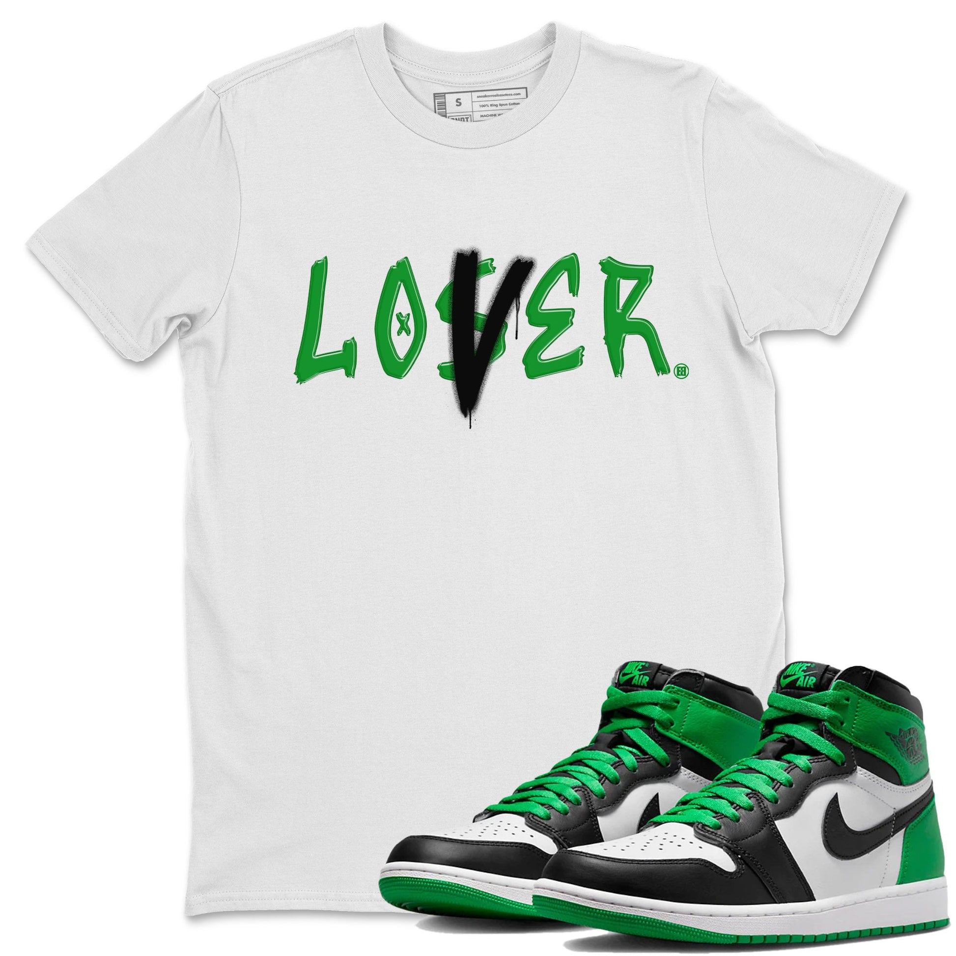 Air Jordan 1 Celtics Sneaker Match Tees Loser Lover Sneaker Tees Air Jordan 1 Lucky Green Celtics Tees Unisex Shirts White 1