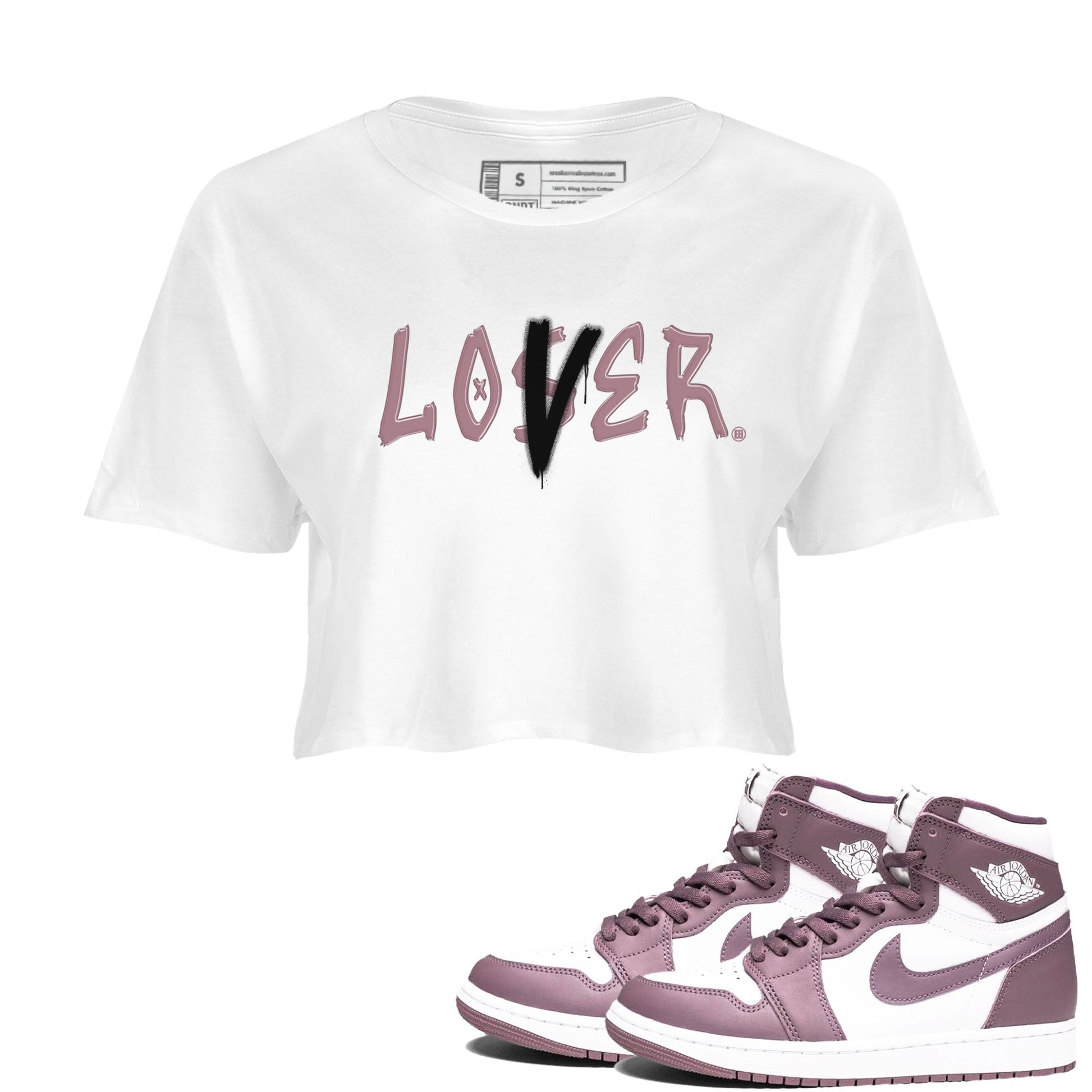 Air Jordan 1 Mauve shirt to match jordans Loser Lover sneaker tees 1s High OG Mauve SNRT Sneaker Tees White 1 Crop T-Shirt