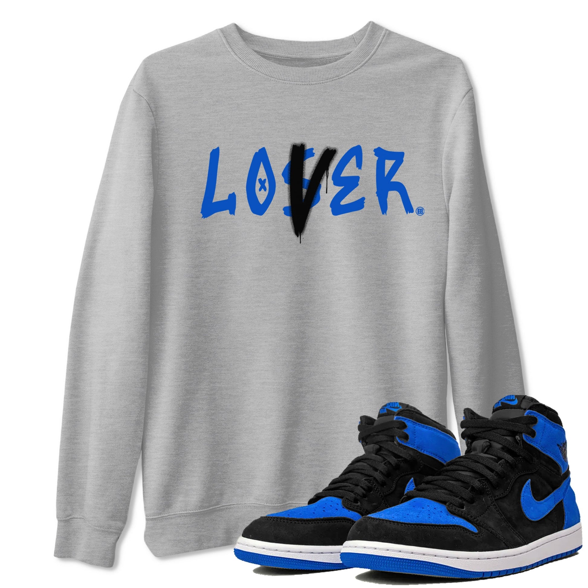 AJ1 Retro Royal Reimagined shirt to match jordans Loser Lover sneaker tees Air Jordan 1 Royal Reimagined SNRT Sneaker Tees Casual Crew Neck T-Shirt Unisex Heather Grey 1 T-Shirt