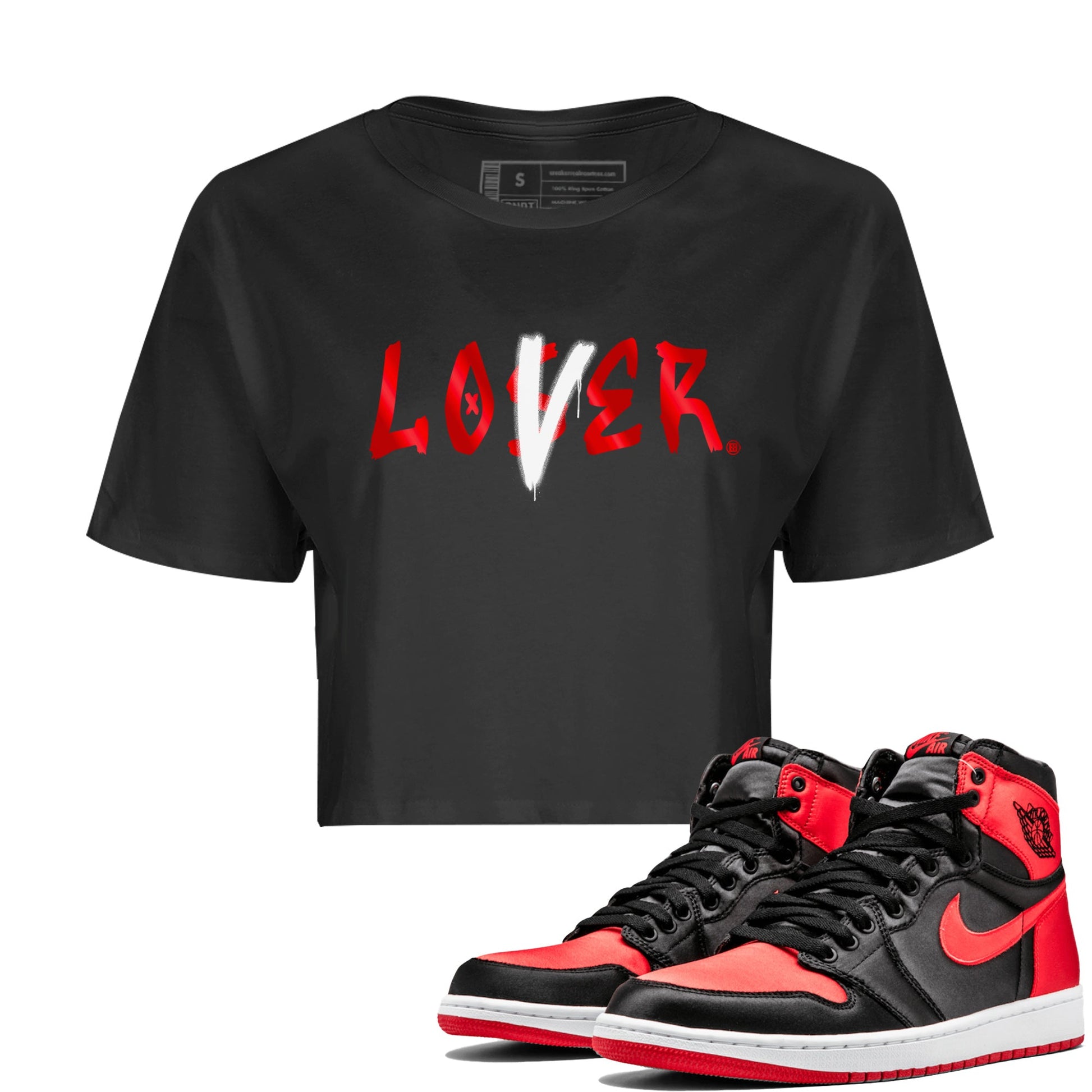 Air Jordan 1 Satin Bred Sneaker Match Tees Loser Lover Sneaker Tees Jordan 1 High OG Satin Bred Sneaker Release Tees Women's Shirts Black 1