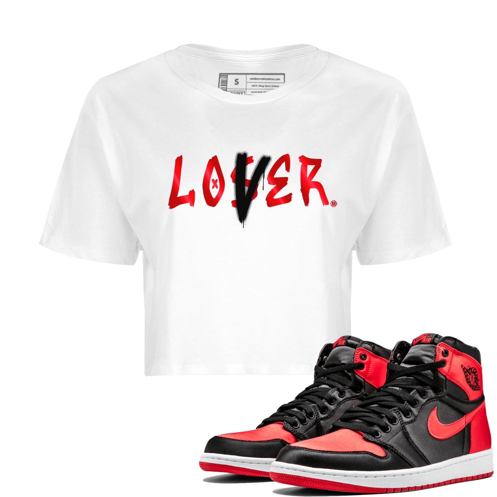 Air Jordan 1 Satin Bred Sneaker Match Tees Loser Lover Sneaker Tees Jordan 1 High OG Satin Bred Sneaker Release Tees Women's Shirts White 1
