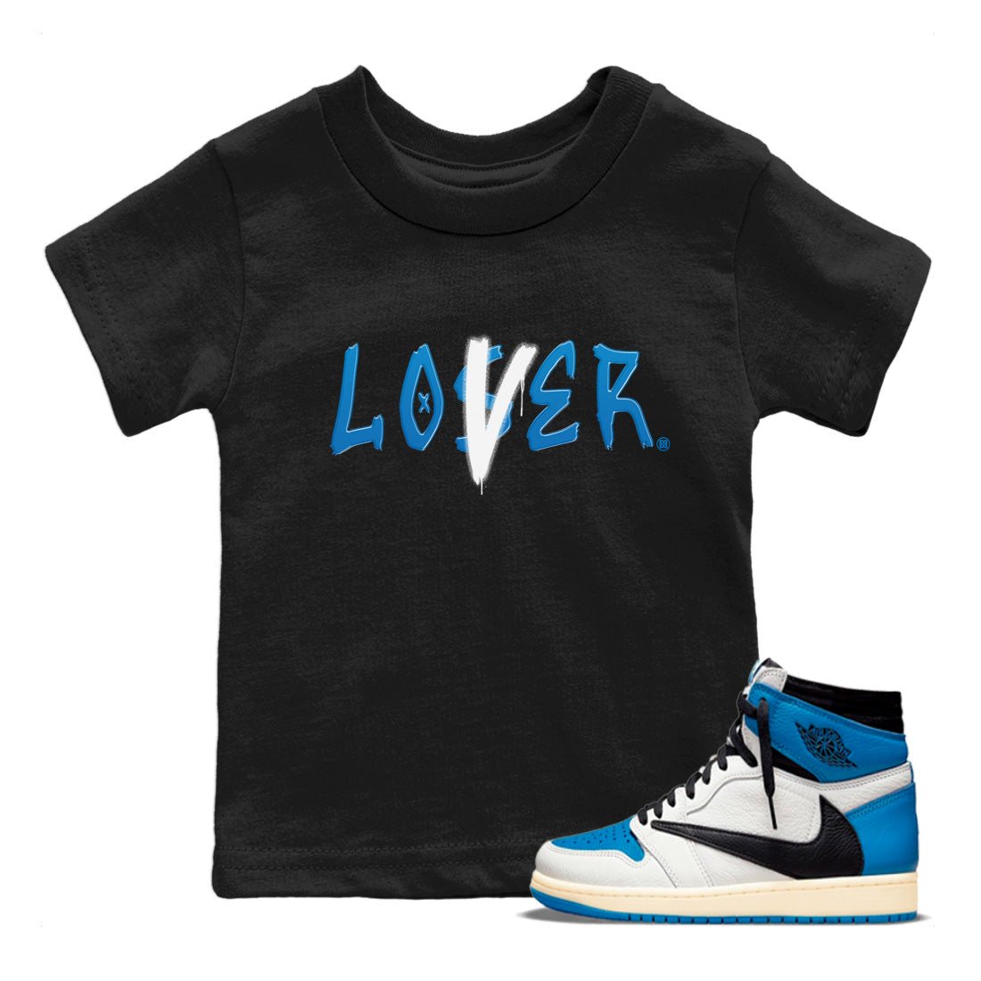 Air Jordan 1 Travis Scott Fragment Sneaker Match Tees Loser Lover Sneaker Tees Air Jordan 1 High x Travis Scott x Fragment Sneaker Release Tees Kids Shirts Black 1