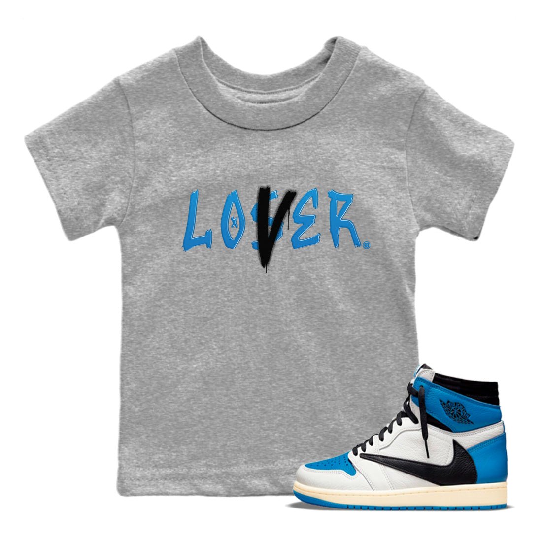 Air Jordan 1 Travis Scott Fragment Sneaker Match Tees Loser Lover Sneaker Tees Air Jordan 1 High x Travis Scott x Fragment Sneaker Release Tees Kids Shirts Heather Grey 1