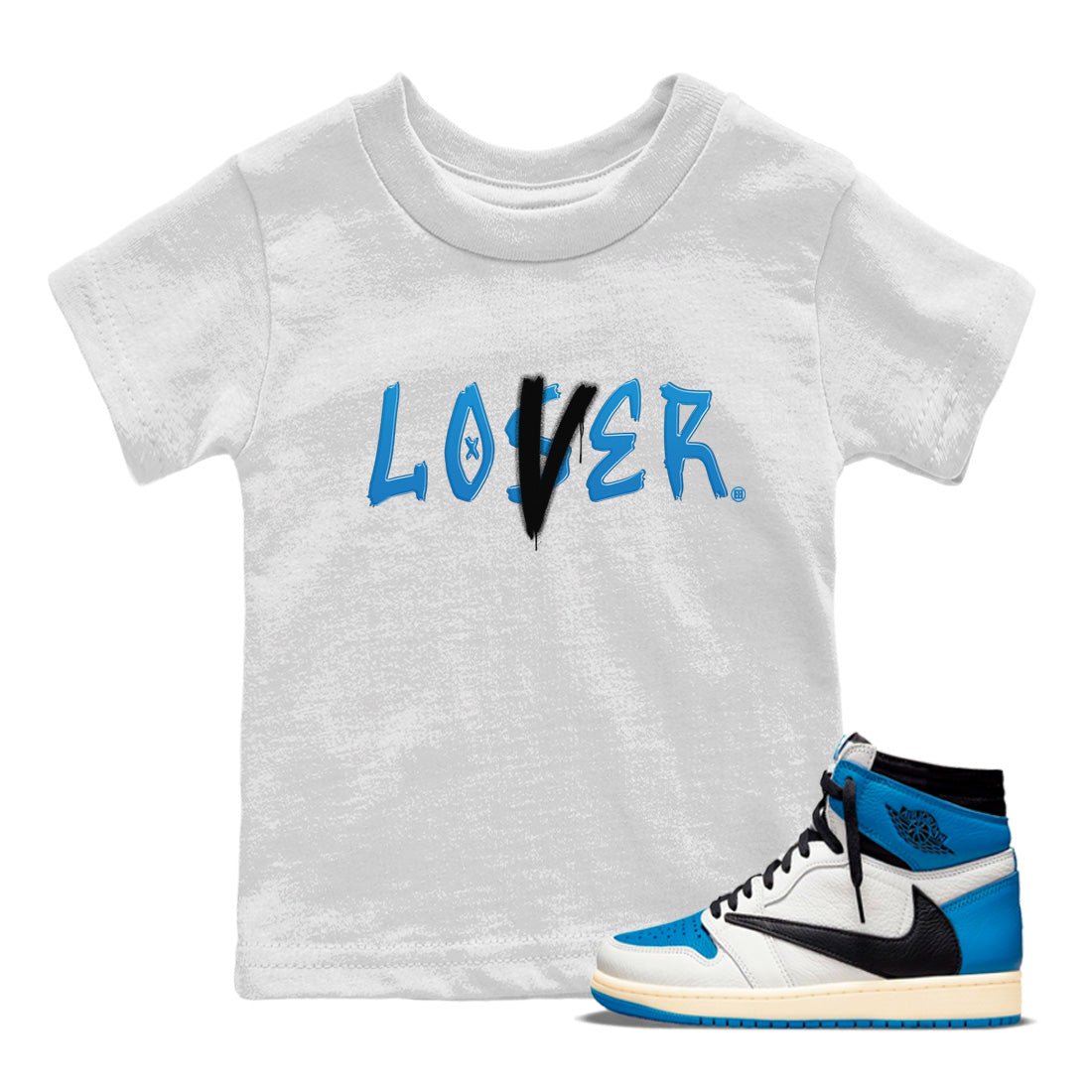 Air Jordan 1 Travis Scott Fragment Sneaker Match Tees Loser Lover Sneaker Tees Air Jordan 1 High x Travis Scott x Fragment Sneaker Release Tees Kids Shirts White 1
