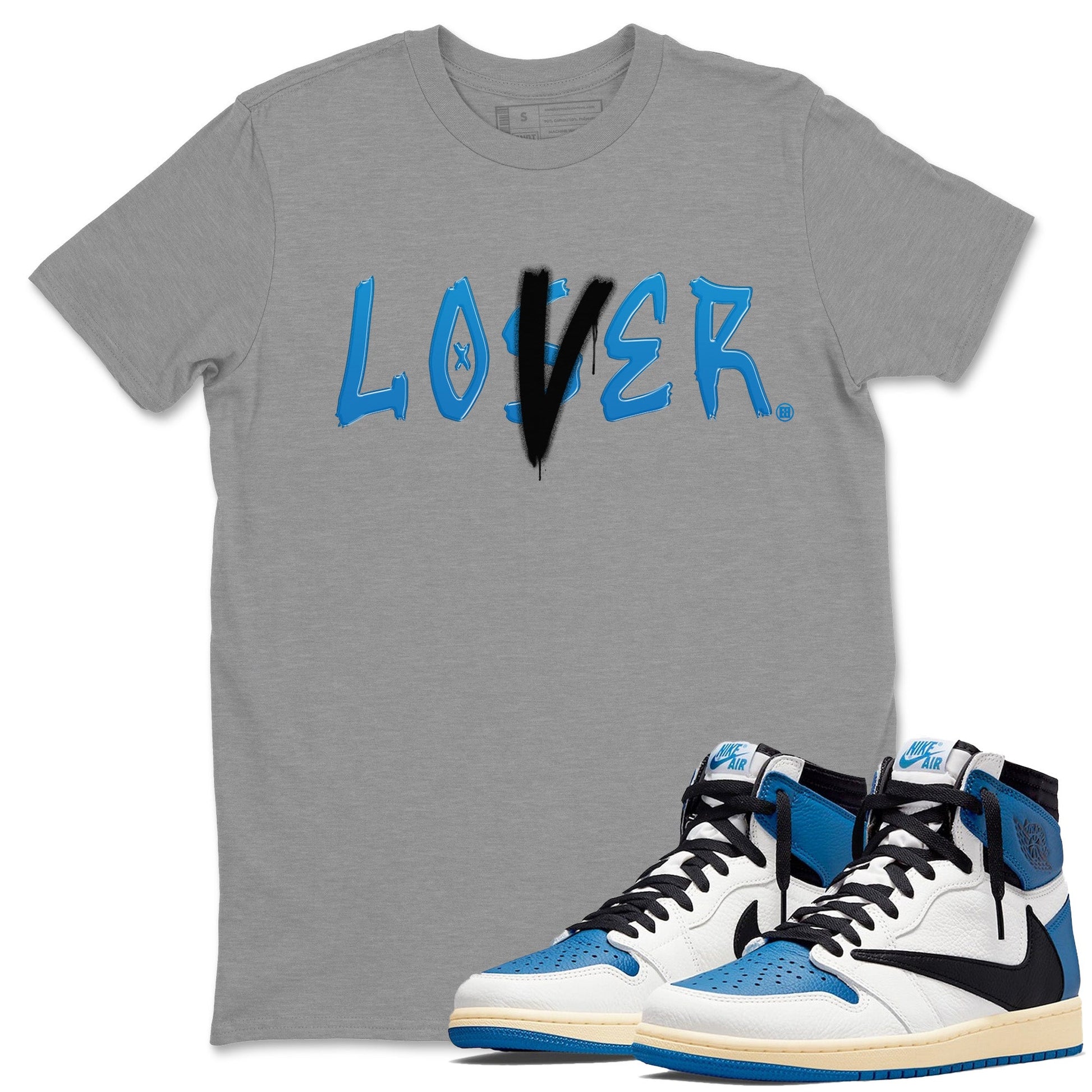 Air Jordan 1 Travis Scott Fragment Sneaker Match Tees Loser Lover Sneaker Tees Air Jordan 1 High x Travis Scott x Fragment Sneaker Release Tees Unisex Shirts Heather Grey 1