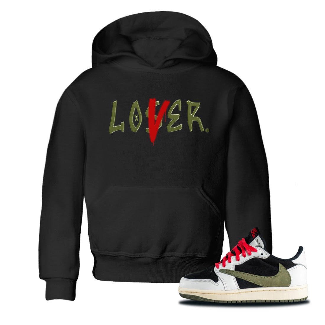 Air Jordan 1 Travis Scott Olive Sneaker Match Tees Loser Lover Sneaker Tees Air Jordan 1 Low x Travis Scott x Olive Sneaker Release Tees Kids Shirts Black 1