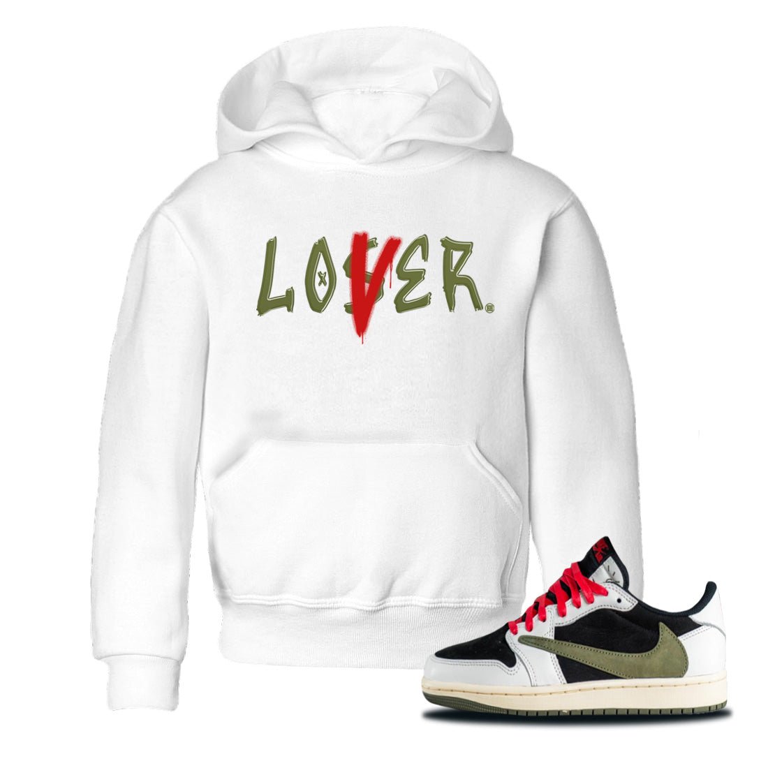 Air Jordan 1 Travis Scott Olive Sneaker Match Tees Loser Lover Sneaker Tees Air Jordan 1 Low x Travis Scott x Olive Sneaker Release Tees Kids Shirts White 1