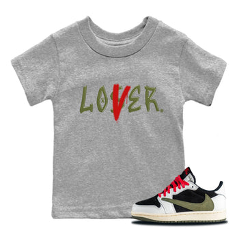 Air Jordan 1 Travis Scott Olive Sneaker Match Tees Loser Lover Sneaker Tees Air Jordan 1 Low x Travis Scott x Olive Sneaker Release Tees Kids Shirts Heather Grey 1
