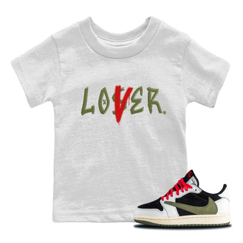 Air Jordan 1 Travis Scott Olive Sneaker Match Tees Loser Lover Sneaker Tees Air Jordan 1 Low x Travis Scott x Olive Sneaker Release Tees Kids Shirts White 1