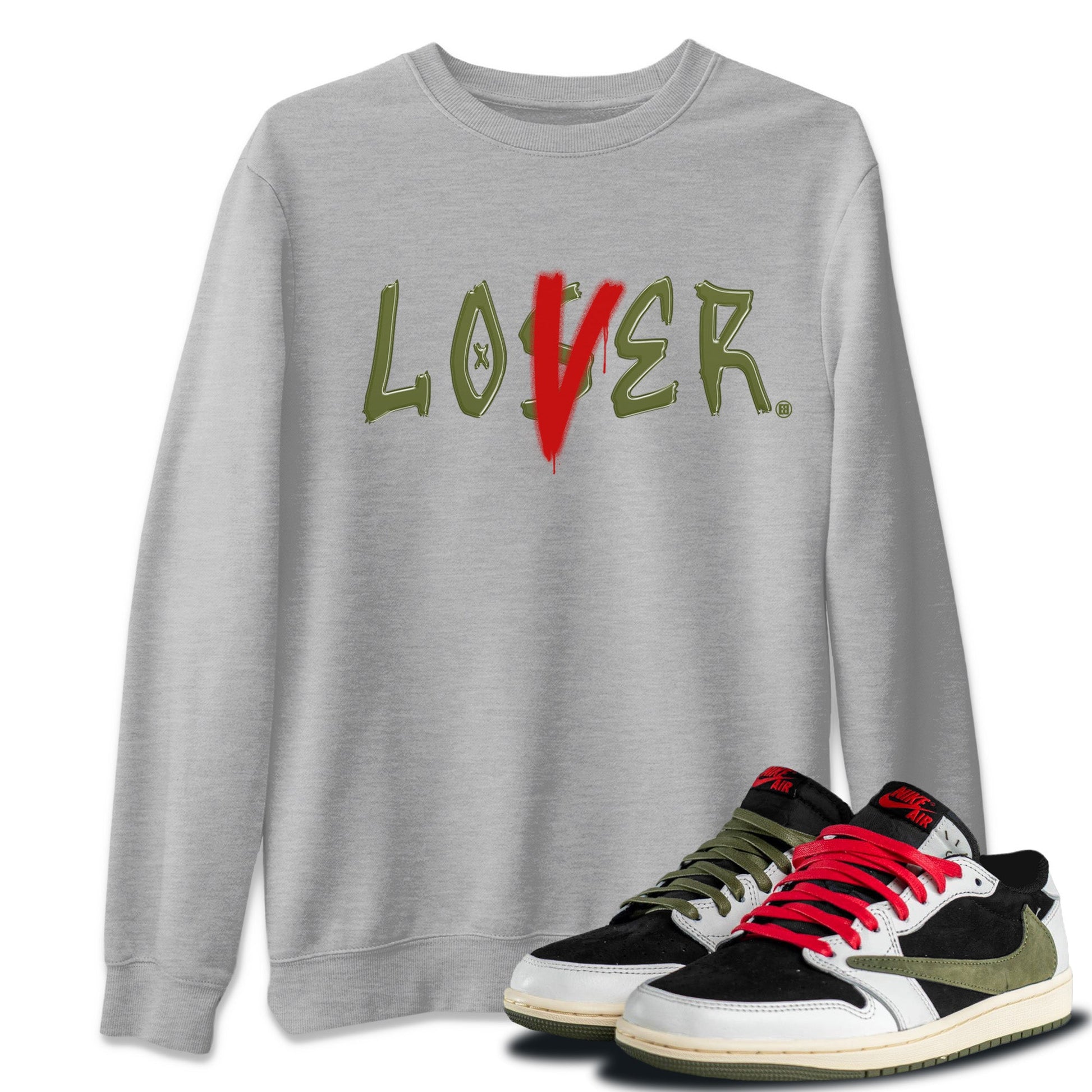 Air Jordan 1 Travis Scott Olive Sneaker Match Tees Loser Lover Sneaker Tees Air Jordan 1 Low x Travis Scott x Olive Sneaker Release Tees Unisex Shirts Heather Grey 1