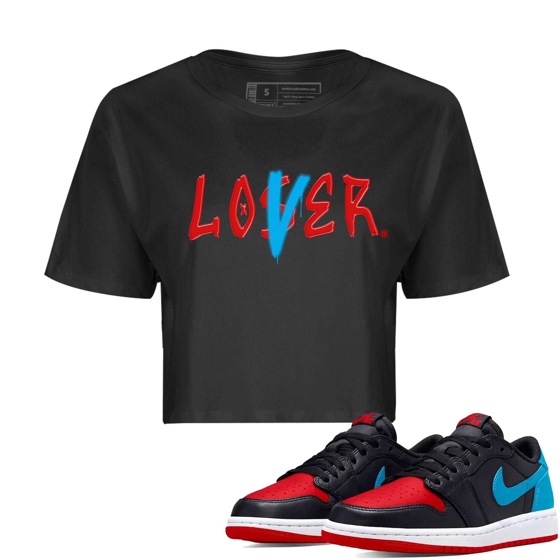 Air Jordan 1 UNC to Chicago Sneaker Match Tees Loser Lover Sneaker Tees Jordan 1 Low OG WMNS UNC to Chicago SNRT Sneaker Release Tees Women's Shirts Black 1