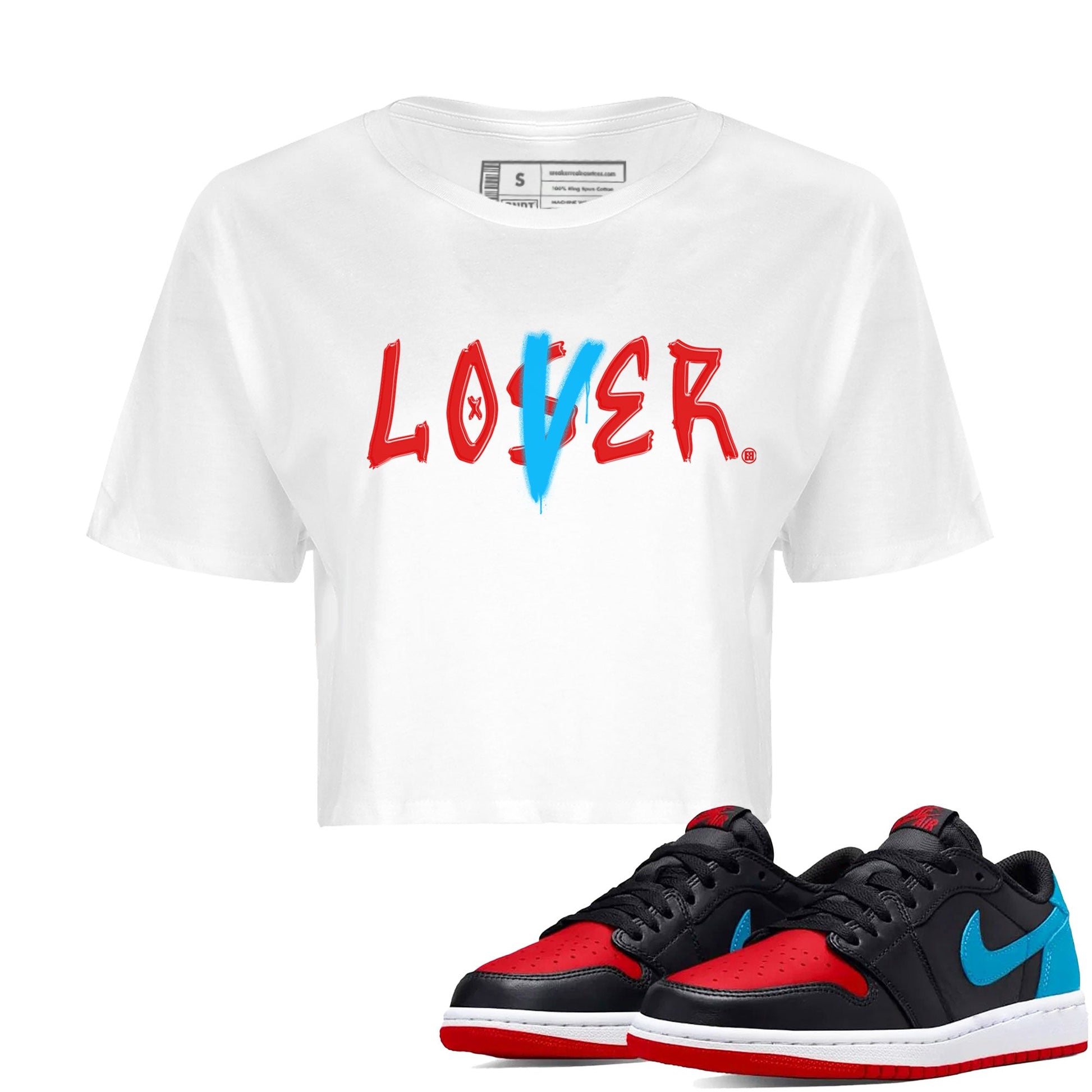 Air Jordan 1 UNC to Chicago Sneaker Match Tees Loser Lover Sneaker Tees Jordan 1 Low OG WMNS UNC to Chicago SNRT Sneaker Release Tees Women's Shirts White 1