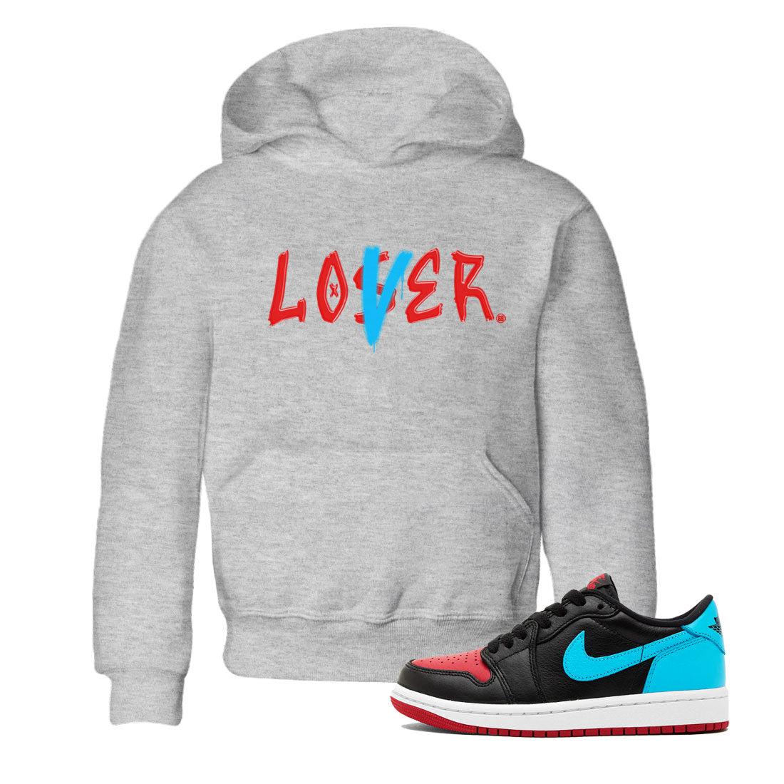 Air Jordan 1 UNC to Chicago Sneaker Match Tees Loser Lover Sneaker Tees Jordan 1 Low OG WMNS UNC to Chicago SNRT Sneaker Release Tees Kids and Baby Youth Shirts Heather Grey 1