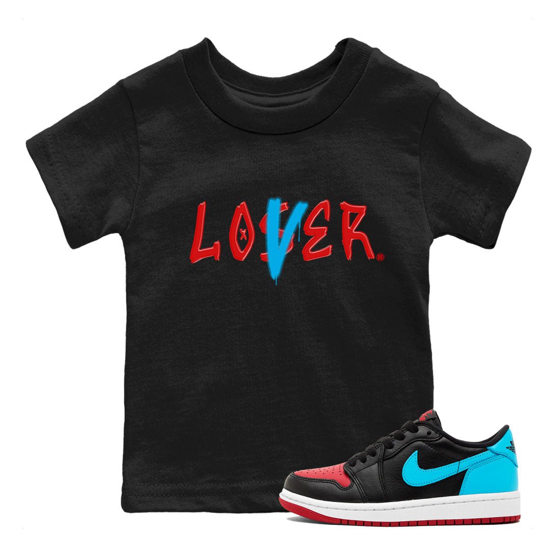 Air Jordan 1 UNC to Chicago Sneaker Match Tees Loser Lover Sneaker Tees Jordan 1 Low OG WMNS UNC to Chicago SNRT Sneaker Release Tees Kids and Baby Youth Shirts Black 1