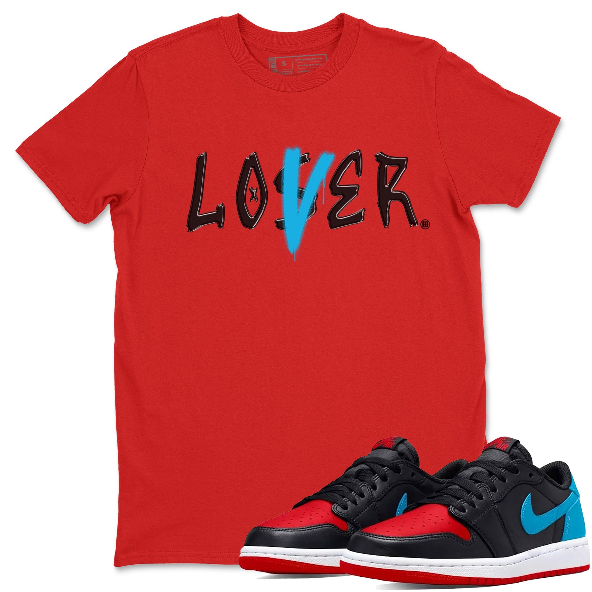 Air Jordan 1 UNC to Chicago Sneaker Match Tees Loser Lover Sneaker Tees Jordan 1 Low OG WMNS UNC to Chicago SNRT Sneaker Release Tees Unisex Shirts Red 1