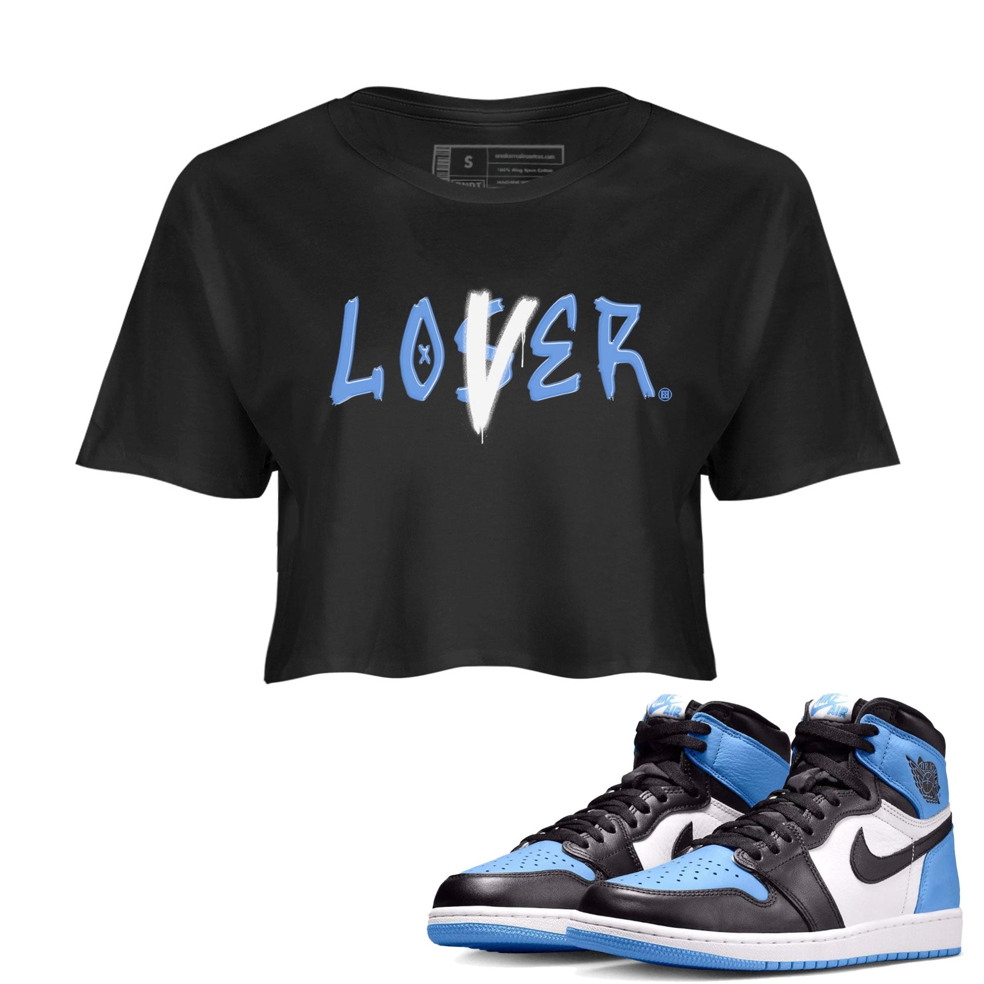 Air Jordan 1 UNC Toe shirt to match jordans Loser Lover sneaker tees Air Jordan 1 Retro High OG UNC Toe SNRT Sneaker Release Tees Black 1 Crop T-Shirt