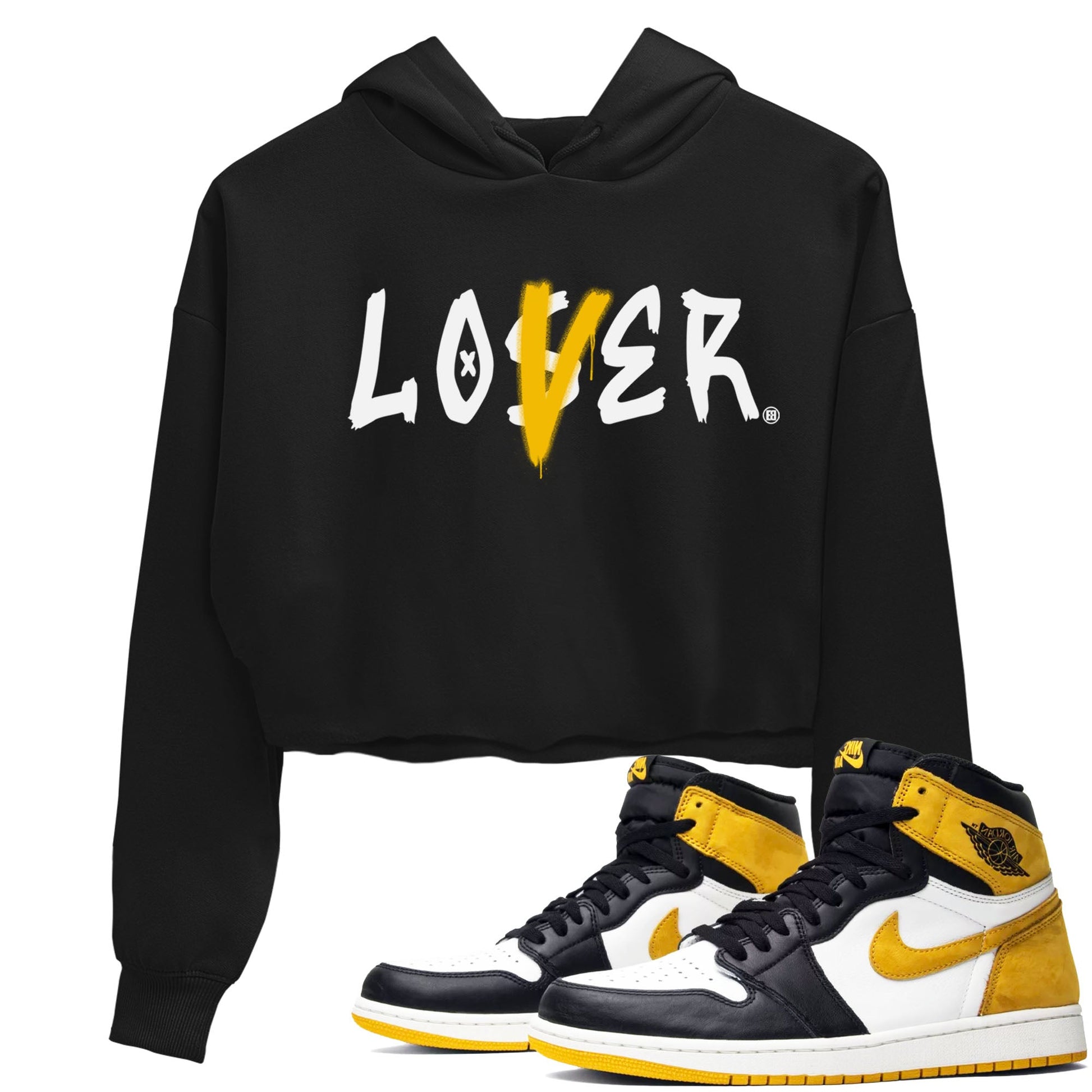 Jordan 1 High OG Yellow Ochre Shirt To Match Jordans Loser Lover Streetwear Fashion Air Jordan 1 Yellow Ochre SNRT Sneaker Release Tees Black 1 Women's Crop Tee