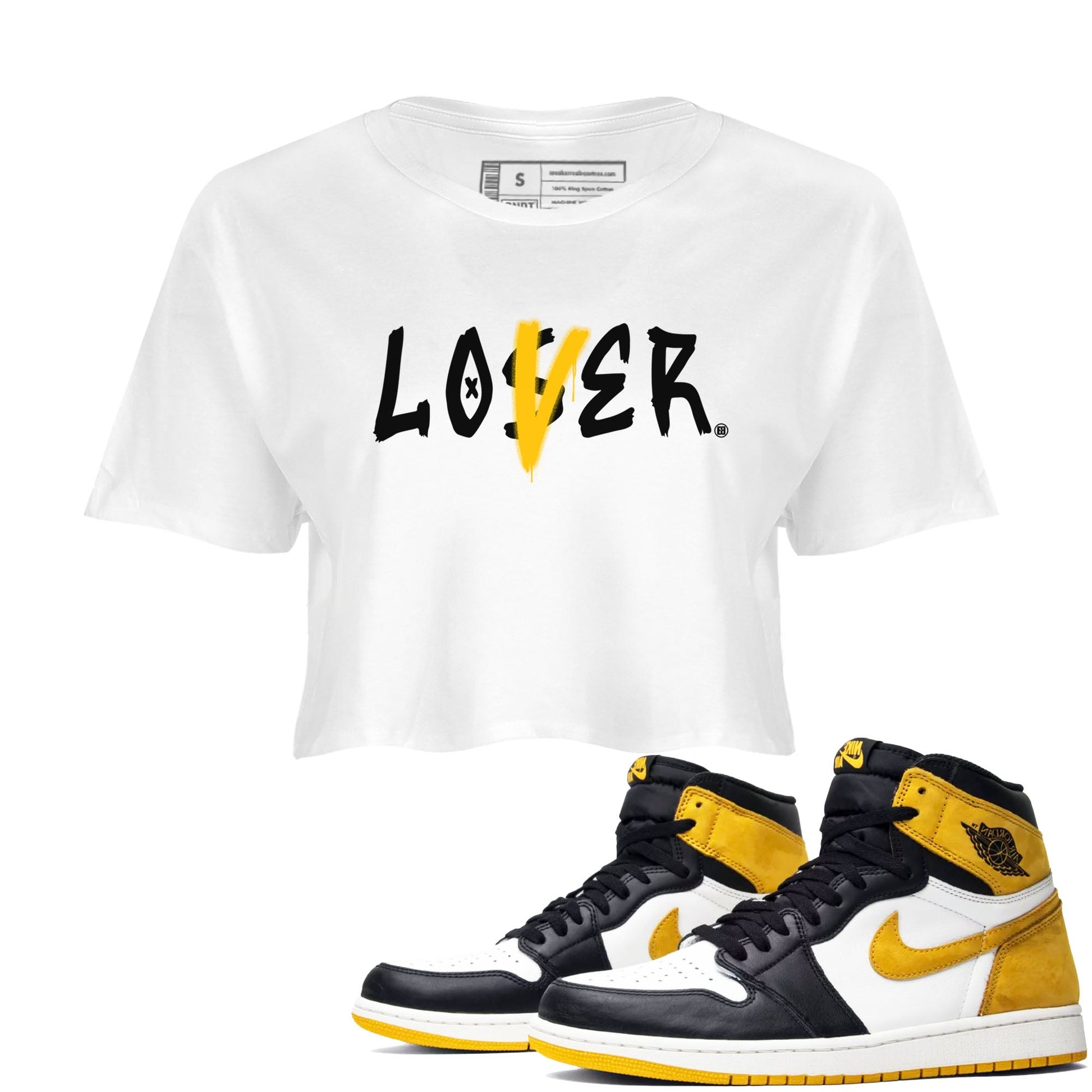 Jordan 1 High OG Yellow Ochre Shirt To Match Jordans Loser Lover Streetwear Fashion Air Jordan 1 Yellow Ochre SNRT Sneaker Release Tees White 1 Women's Crop Tee