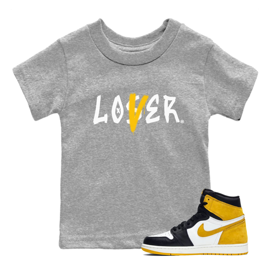 Jordan 1 High OG Yellow Ochre Shirt To Match Jordans Loser Lover Streetwear Fashion Air Jordan 1 Yellow Ochre SNRT sneaker release tees baby toddler Heather Grey 1 cotton Shirt