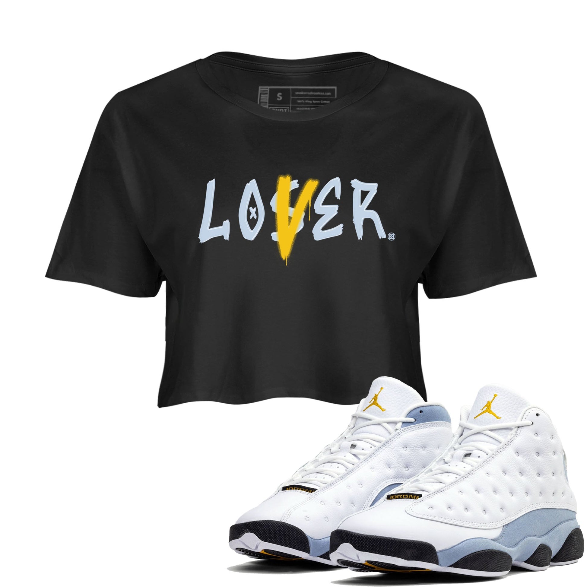 13s Blue Grey shirt to match jordans Loser Lover sneaker tees Air Jordan 13 Retro Blue Grey SNRT Sneaker Release Tees Black 1 crop length shirt